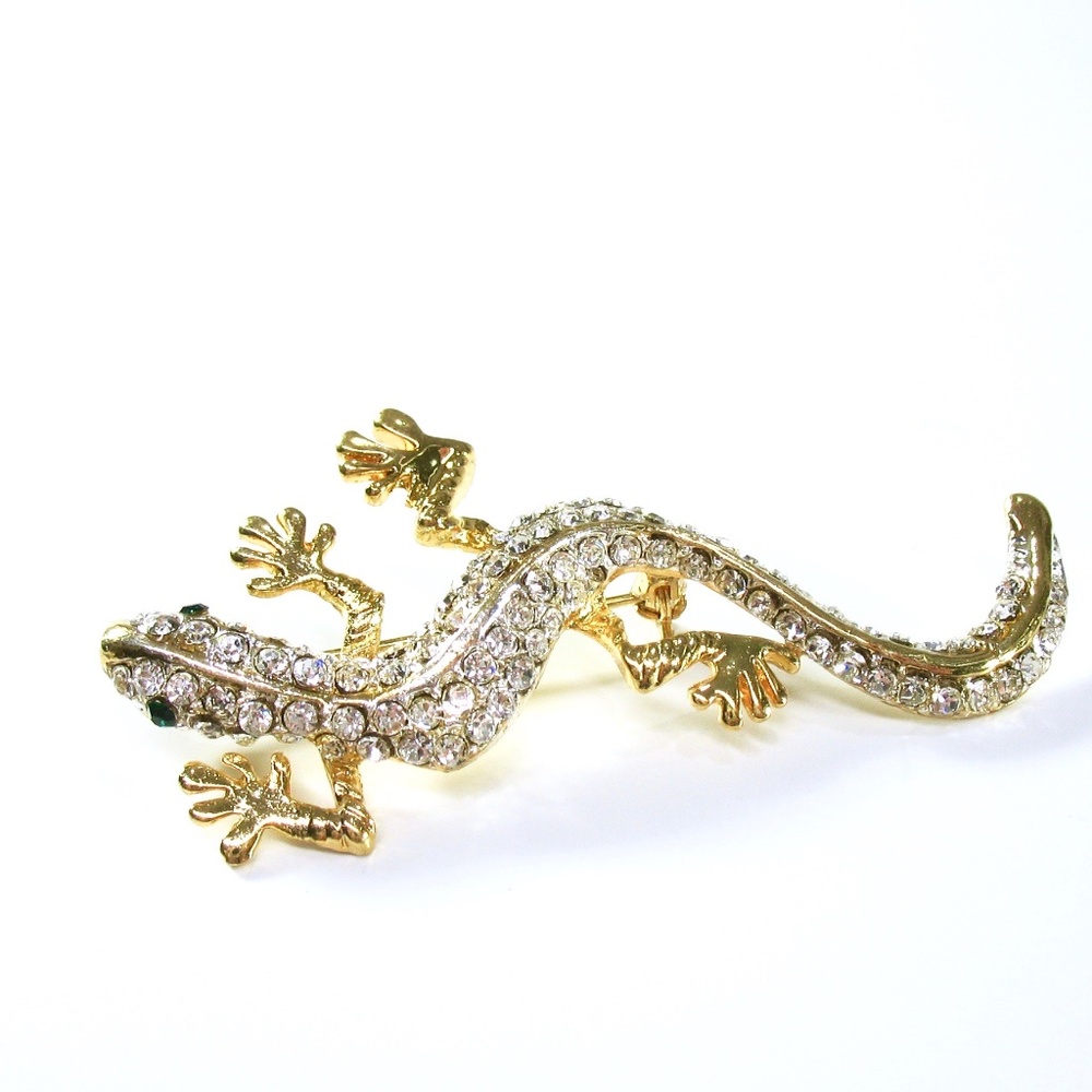 Pave Rhinestone Lizard Pin, Gecko, Gold Tone - Picture 2 of 6